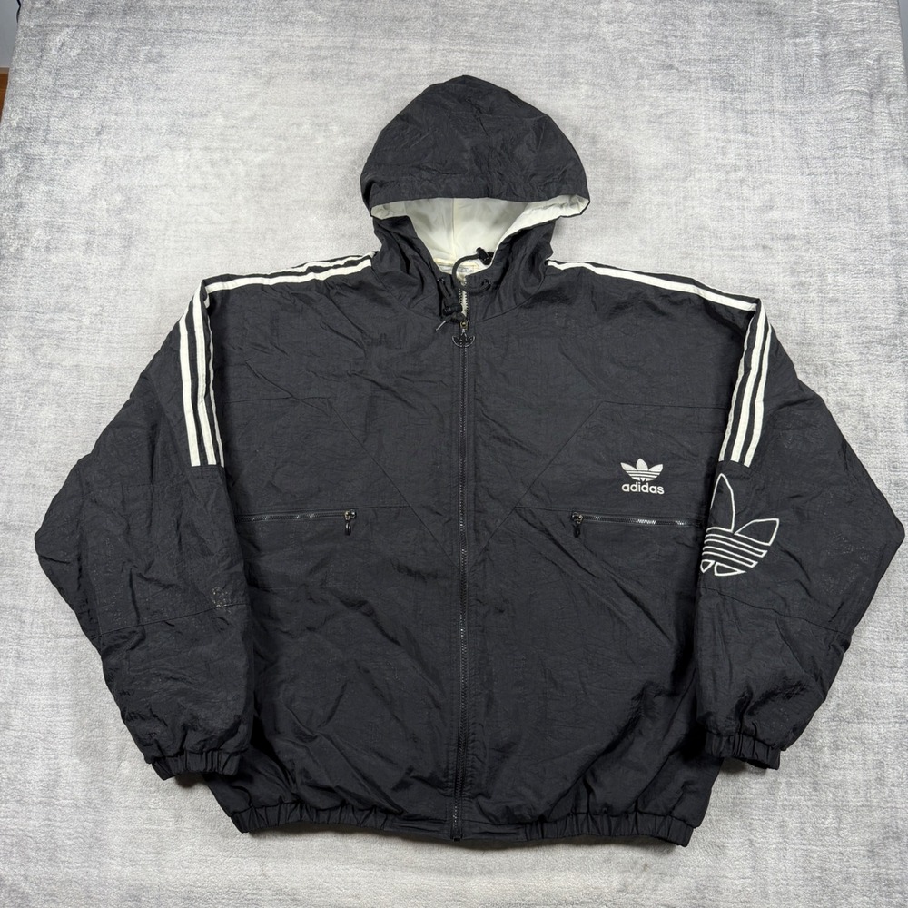 Adidas Jacket Mens XL Black Vintage 90s Trefoil Hooded Puffer 3 Stripe Hip hop